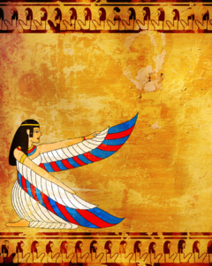 Depiction of Isis, the Egyptian goddess of wisdom and motherhood, seated with protective wings extended.